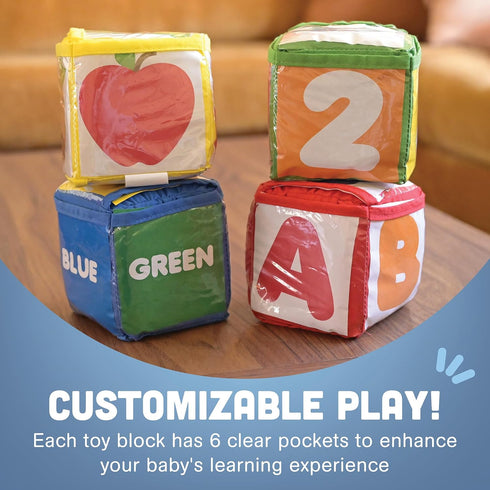 12 Constructive Playthings Customizable Stacking Block Toys with Clear Pockets for Ages Months+, Toddler Soft Foam