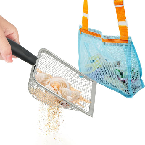 4E's Novelty 2X Shark Tooth Sifter for Beach with 2X Small Mesh Beach Bag for Shell Collecting, Metal Sand Scoop for