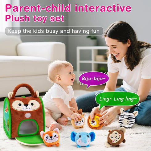 6 6-12 1-3 Soft Baby Sensory Toys - Squirrel Barn with Stuffed Zoo Animals - Rattles, Crinkles, Squeak, Mirror