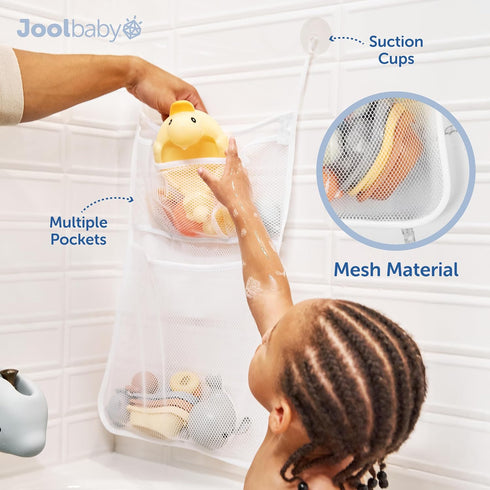 Jool Baby Bath Toy Storage Bag Mesh Holder for Kids Bathtub Toys Suctions to Wall, Machine Washable