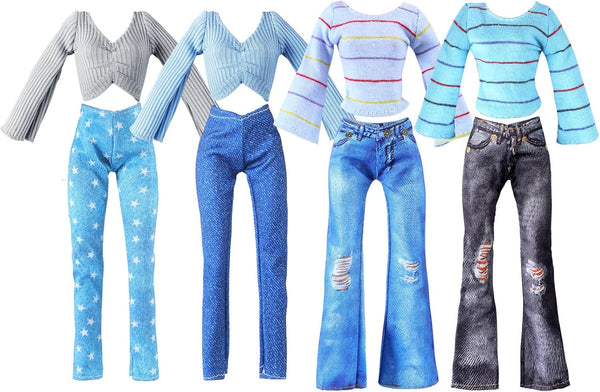 Bencailor 8 Pieces 11.5 Inch Girl Doll Accessories, Cotton Elf Sweaters & Denim Pant Regular Outfit Clothing (Stripe)