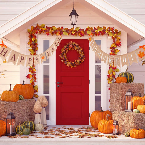 2 Pieces Happy Fall Banner Thankful Burlap Thanksgiving Banner for Mantle, Pumpkin Maple Leaf Garland Decoration
