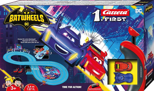 Carrera First Batwheels Slot Car Race Track with Spinners, Includes Bam and Redbird Cars, Battery-Powered Racing Set