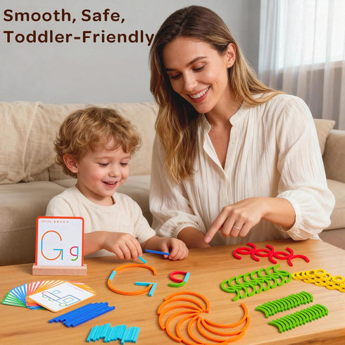 Set 120PCS Montessori Smart Sticks and Rings with Challenge Cards, Creative STEM Kit with Wooden Pattern Blocks
