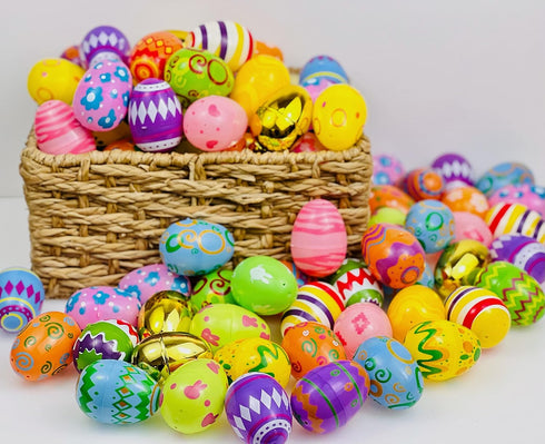 50 2.3" 1.75" GiftExpress Pattern Color Easter Eggs - Piece Assorted Bulk x Plastic Eggs w/ Hinge - Adult & Kid Party