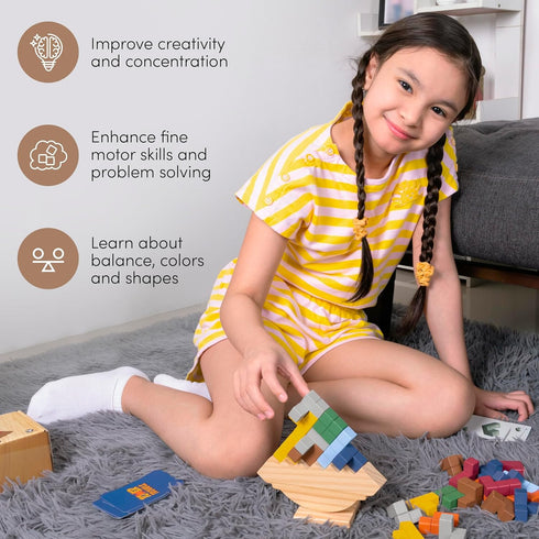 Wooden Tetra Tower Game - 32PCS Stack Attack with Building Blocks & Cards, Fun Balance Game for All