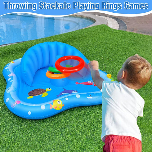 Swimming iGeeKid Baby Play Mat with Sprinkler, Inflatable Baby Pool Float with Canopy Backrest & Stackable Rings Water