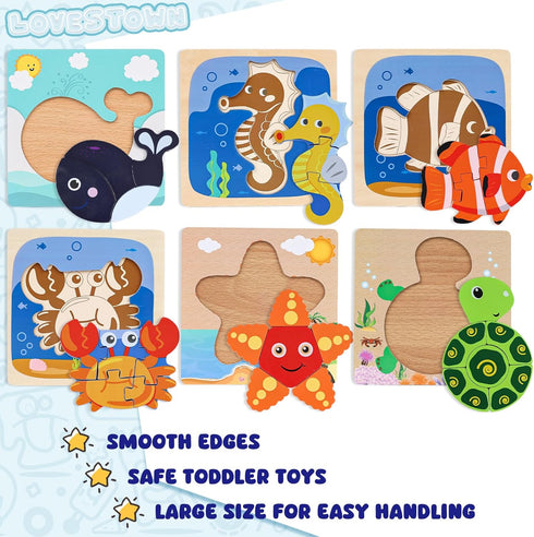 LovesTown 6PCS Wooden Toddler Puzzles - Montessori Sea Animal Jigsaw Puzzles for Kids Educational Gift