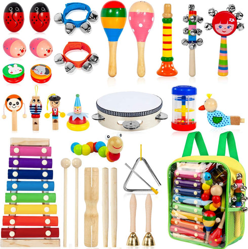 Kids Musical Instruments, 33Pcs 18 Types Wooden Percussion Instruments, Early Learning Musical Toy for Boys and Girls