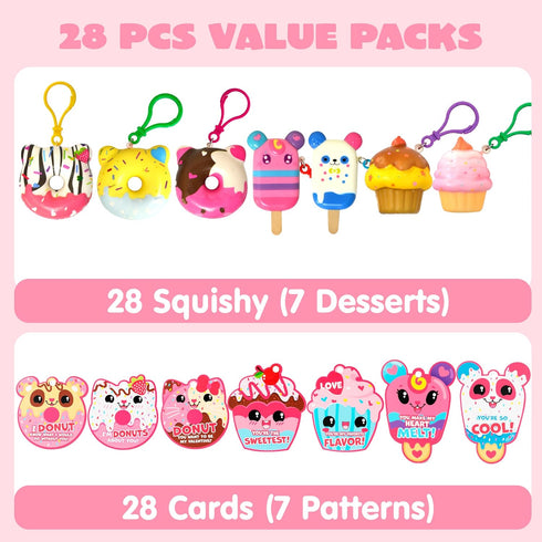 28 Packs JOYIN Valentine Dessert squishy toys Stress Relief Keychains with Cards for Classroom Exchange Prizes, Fidget