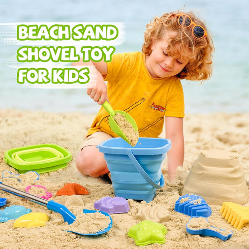 Set 2 3+(22 Beach Sand Toys Includes Collapsible Buckets Big Size Sand Shovels, Rake, Animal Sand Molds Toys with Mesh