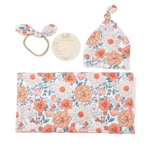 Set Cozy 1) Vibrant Floral Print Newborn Swaddle Blanket with Hat and Headband, and Breathable, for Boys and Girls