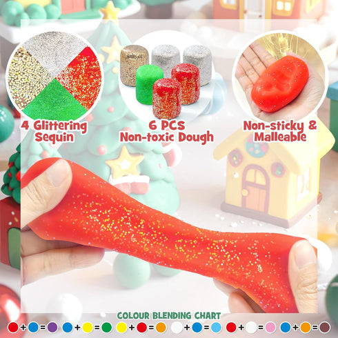 6 18oz Accessories(280+pcs), SIMPLIPLAY Christmas Sensory Dough Kit with PCS Glitter Doughs & DIY Christmas Crafts