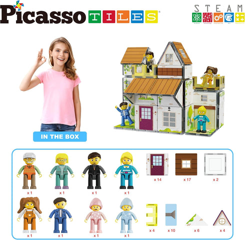 PicassoTiles Magnet Tile Building Block Family Homestead Doll House Playset, 8 Character Action Figures, STEM Kit