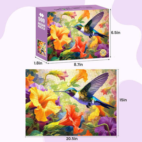 500 Piece Jigsaw Puzzle, Flower Hummingbird Puzzle for Adults, Birthday Party Fun for Family and Kids