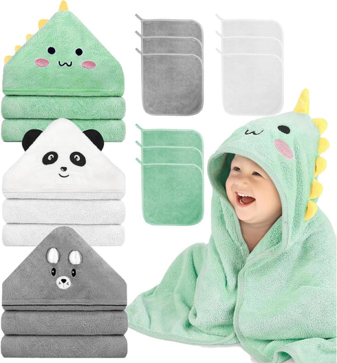 GINUMWA 12 PCS Hooded Baby Towel Set, 32x32 Inch Absorbent Baby Bath Towels,