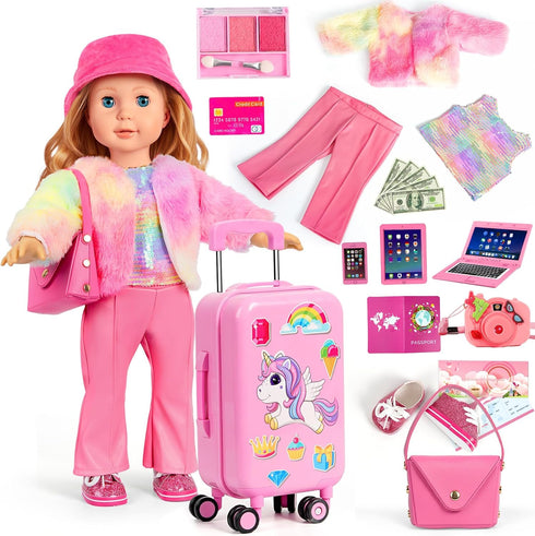 WONDOLL American 18 inch Doll Clothes and Accessories Girl-Travel Suitcase Luggage, Clothes