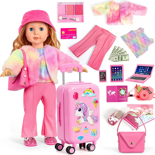 WONDOLL American 18 inch Doll Clothes and Accessories Girl-Travel Suitcase Luggage, Clothes