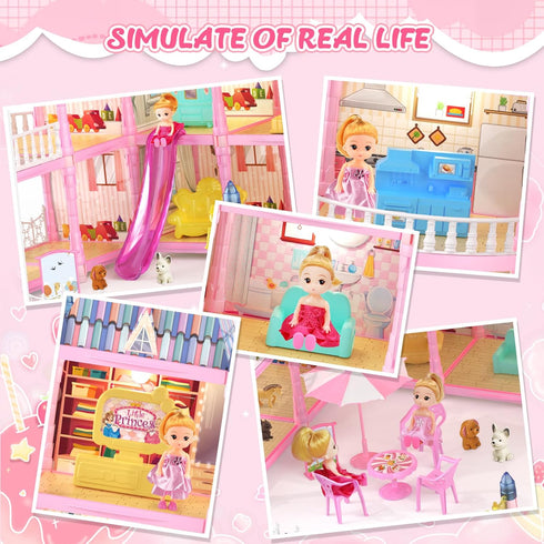 randhar 4-Story 15 2 3 4 5 6 7 8 9 10+ Doll House for Girls, Dream Dollhouse Rooms with Dolls, Lights, Animals