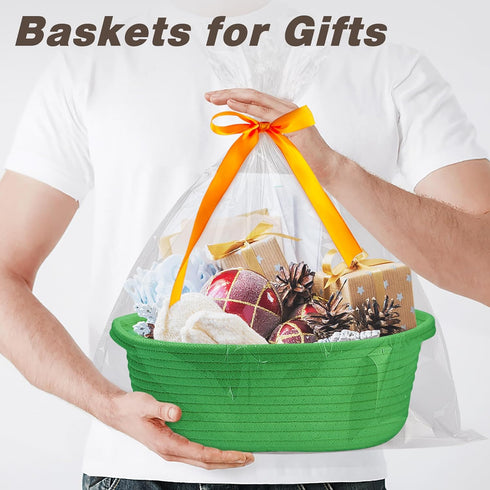 Pro Goleem Small Woven Basket with Gift Bags and Ribbons - Durable Empty Small Rope Basket for Storage, 12"X 8" X 5"