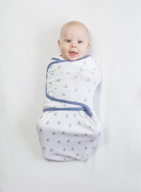 Set 3, Amazing Baby Swaddle Blanket with Adjustable Wrap, of Tiny Anchors, Stripes and Solid, Denim and Gray, Small