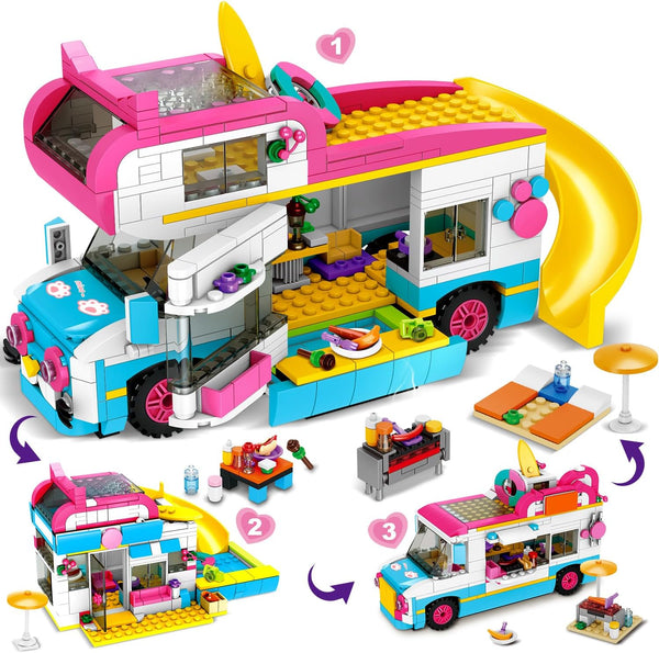 HOGOKIDS 3-in-1 Girls Camper Van Building Set, 494PCS Summer Beach Camping Blocks and Food Truck Toys