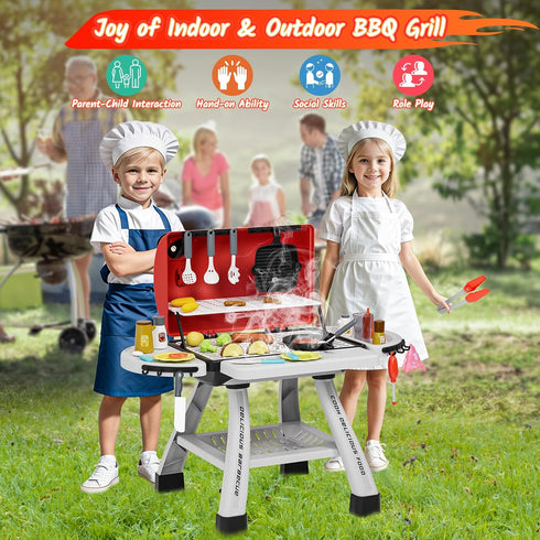 Kids Kitchen Playset, BBQ Grill Playset with Smoke, Sound & Light, Interactive Cooking Game for Toddlers Boys Girls 3-5