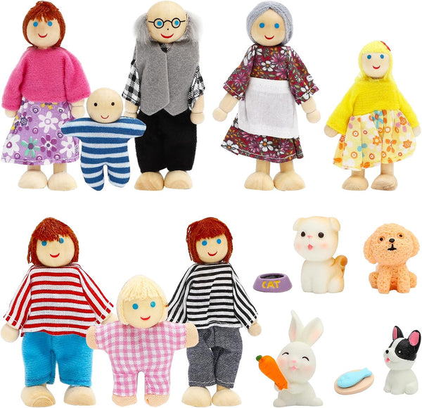 ONEST 15 Pieces Wooden Dollhouse Family Set, Mini People Figures & Accessories for Pretend Play Dolls