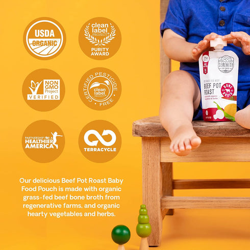 Serenity Kids Bone Broth Puree - Organic Veggies, 3.5 Ounce BPA-Free Pouch, Grass Fed Beef