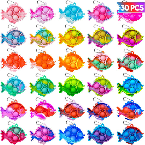Pop Fidget Toys Bulk, 30 PCS Cute Fish Mini Pop Keychain Sensory Fidget Toy Pack for Kids Classroom Prizes Birthday