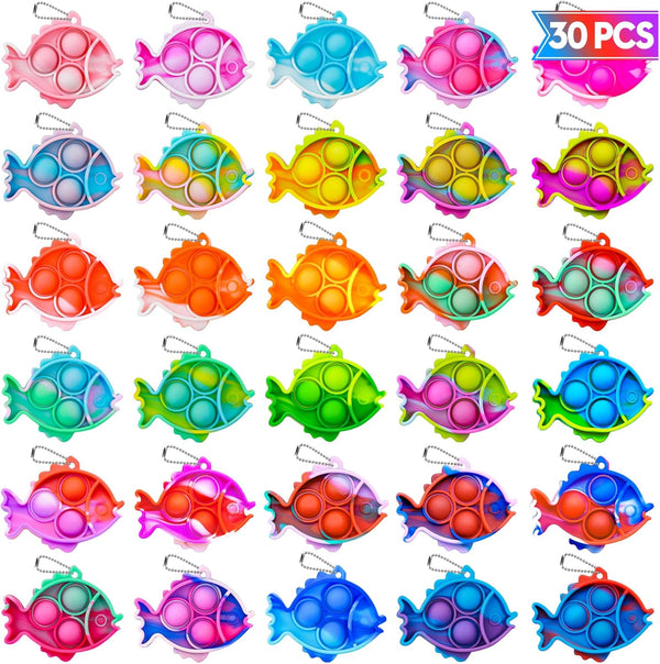Pop Fidget Toys Bulk, 30 PCS Cute Fish Mini Pop Keychain Sensory Fidget Toy Pack for Kids Classroom Prizes Birthday