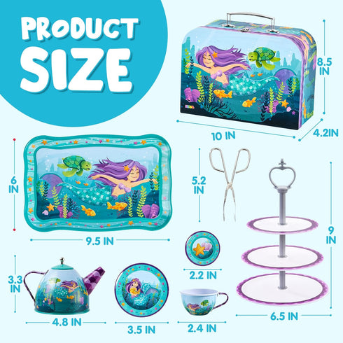 35Pcs Set Set, 3 4 5 6 JOYIN Mermaid Tea Party for Little Girls, Pretend Tin Teapot Princess Tea Time Play Kitchen Toy
