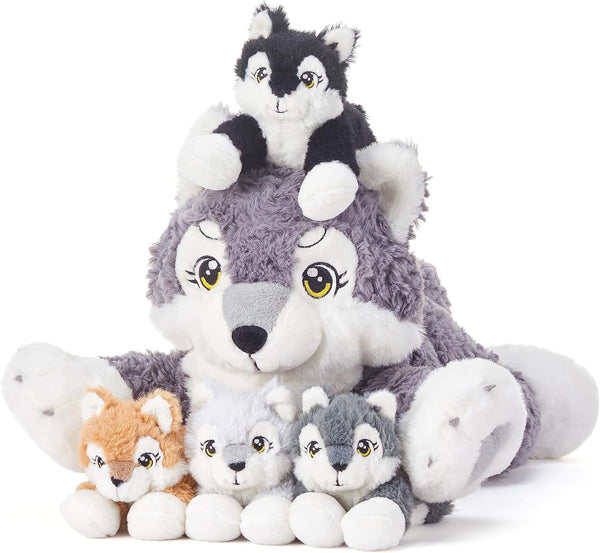 IKASA Mommy Wolf Stuffed Animal, 18" Soft Plush Toy with Mini Babies, Cute Family Set, Gifts for Kids