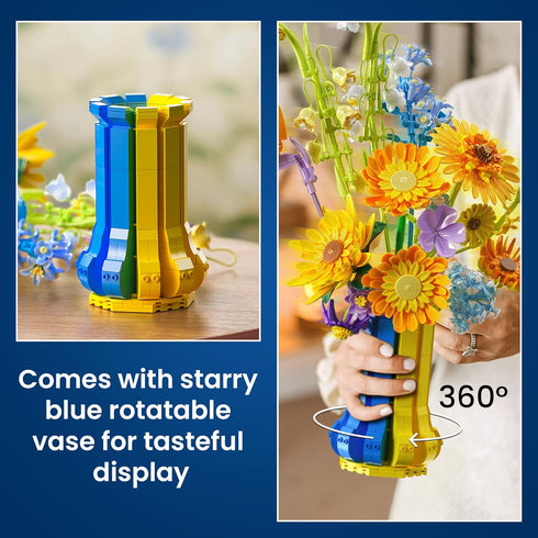 Set (1147 Mothers Day Sunflower Bouquet Building with Vase, Gift for Mom Wife Women Girlfriends Adults Couple Teens