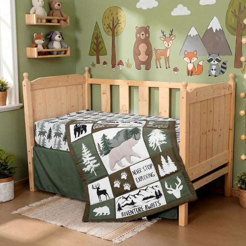Hahafelt 3 Set Sets Set Pcs Woodland Crib Bedding for Boys, Green Elk Bear Baby Crib for Newborn, Infant & Toddler