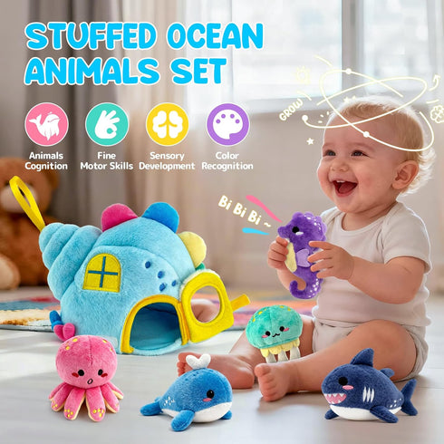 pamexin 6-12 Set 1 5 6+ Baby Toys Months, Ocean Stuffed Animals with Conch House and Sea Creatures, Rattle, Lanyard