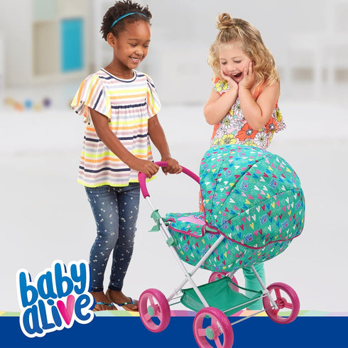 Baby Alive: Deluxe Classic Doll Pram - Green, Pink, Hearts, Accessory for Dolls Up to 18", Kids Toy