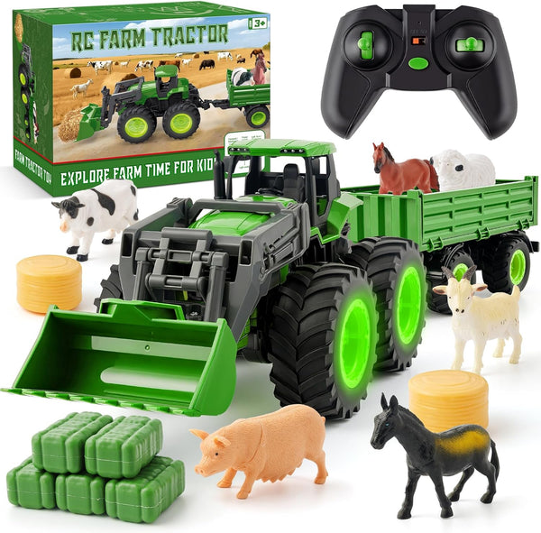 BAYSING Remote Control Tractor Toy, Kids RC Tractor Set with Truck & Trailer