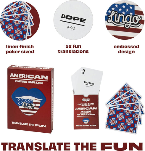 Lingo American Playing Cards | Travel Flashcards | Learn American Slang Vocabulary - 52 Essential Translations