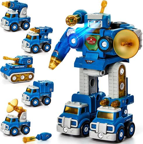 hahaland Toys for Ages 5-7 | 5 in 1 STEM Take Apart Trucks Transform to Robot, Birthday Gift for Boys