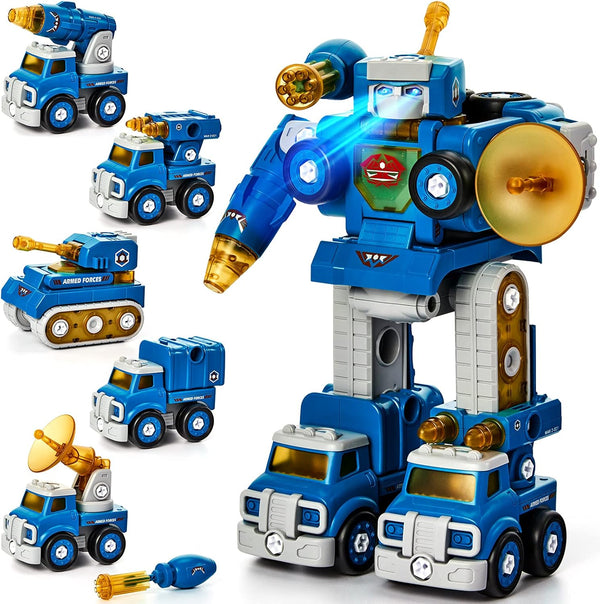 hahaland Toys for Ages 5-7 | 5 in 1 STEM Take Apart Trucks Transform to Robot, Birthday Gift for Boys
