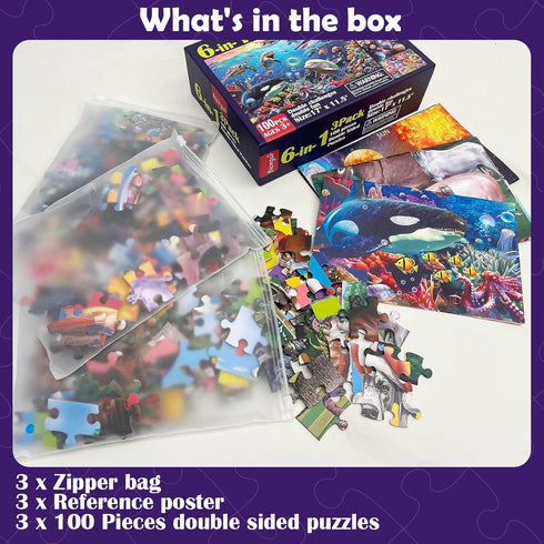 Biorgur 4-6 6-8,3 Pack 100 8-10 (6-in-1),Learning Girls,17 11.5 Puzzles for Kids Ages and Pieces Double Sided Jigsaw