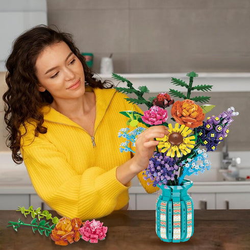 ZONECYTD Set 1853pcs Flowers Bouquet Toys Building Blocks with Vase, Roses, Sunflower, Hyacinth, Hydrangea, Artificial