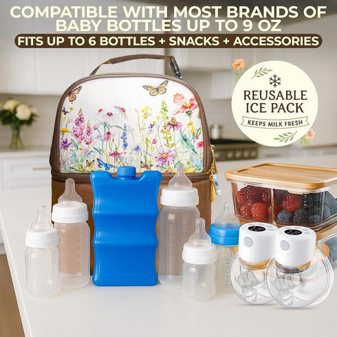 Generic pack 6 insulated breast pump bag with ice fits baby bottles floral print waterproof easy to clean portable