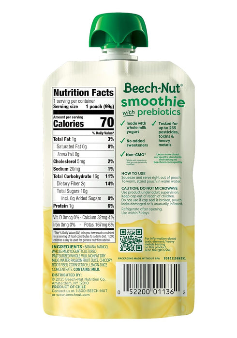 3.5 oz (12 Pack) Beech-Nut Toddler Smoothies with Prebiotics, Banana Mango Passion Fruit & Yogurt Baby & Toddler Food