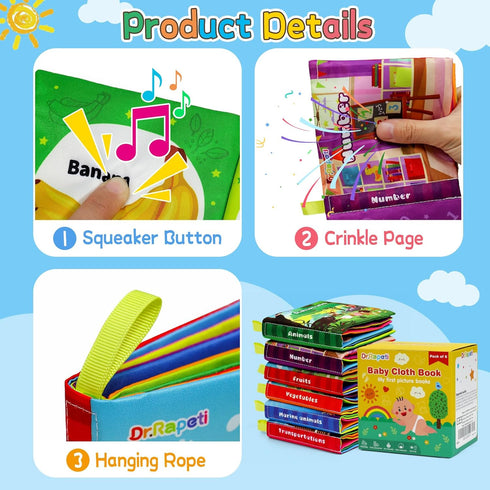6-Pack Dr.Rapeti Soft Cloth Books Baby Books Bath Books for Baby Infant Toddler Kids Crinkle Squeaky Washable Chewable