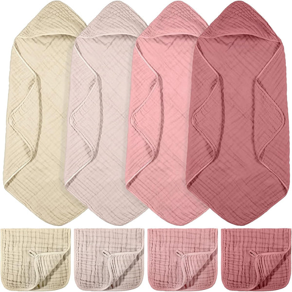 VitalCozy 8 Pcs Baby Muslin Hooded Bath Towels and Washcloths Muslin Cotton