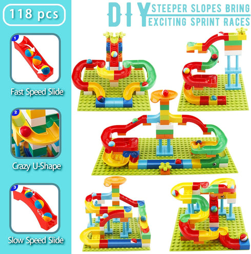 2-in-1 Kids Toys for 2-7 Year Olds, Classic Big Bricks Marble Run Building Blocks, Toss Ring Games