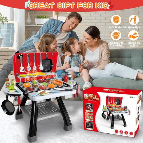 Kids BBQ Grill Kitchen Playset - 2-Layer Barbecue Outdoor Play Grill Toy with Smoke, Sound & Light for Toddler Boys