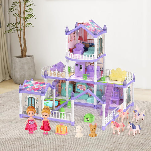 randhar 9 2 4 3+ Lilac Purple Doll House for Girls, Dream Dollhouse Rooms with Dolls, Unicons,Lights, Furniture